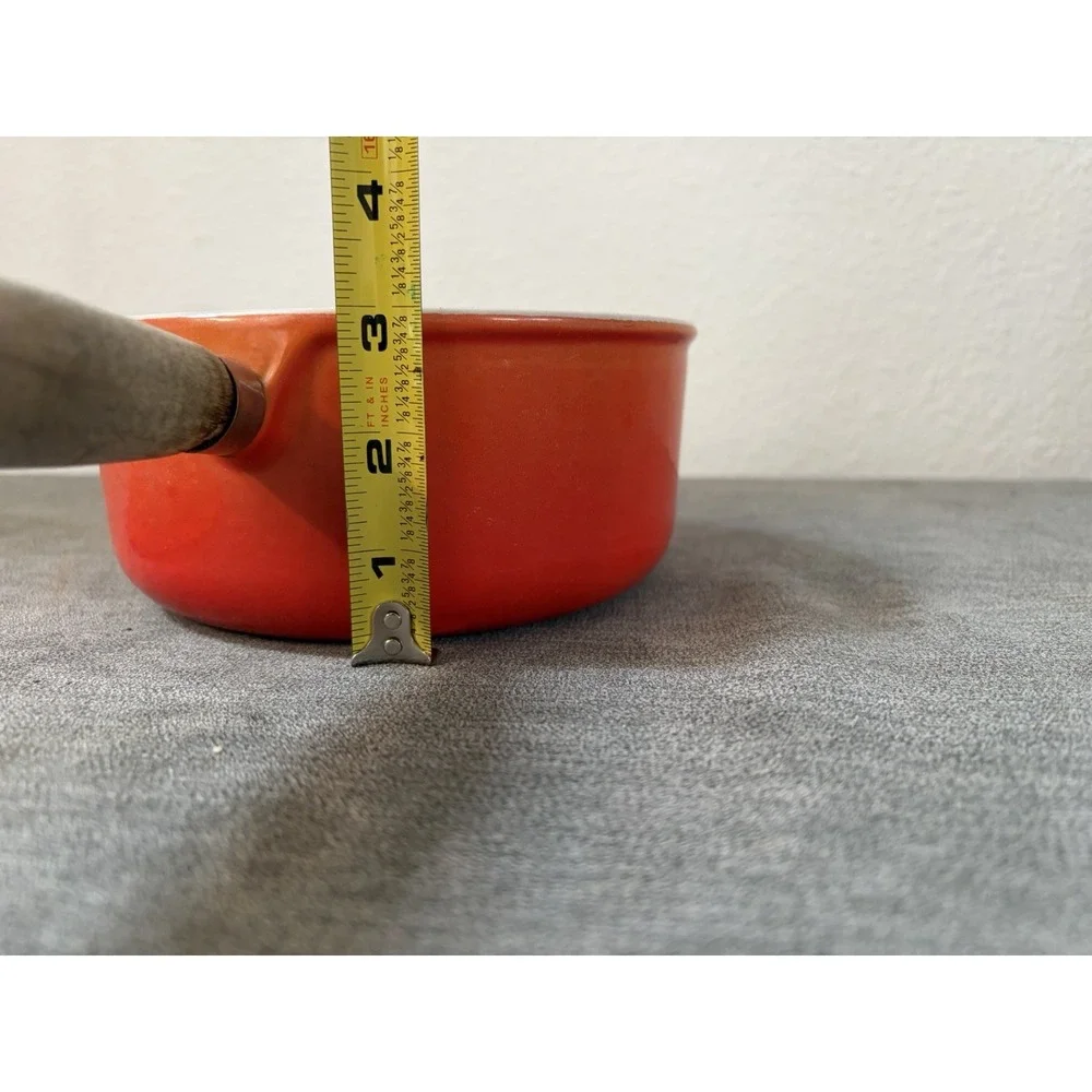 Vintage Le Creuset Castoflon #18 Saucepan with Lid Teck Wood Handle Flame Orange